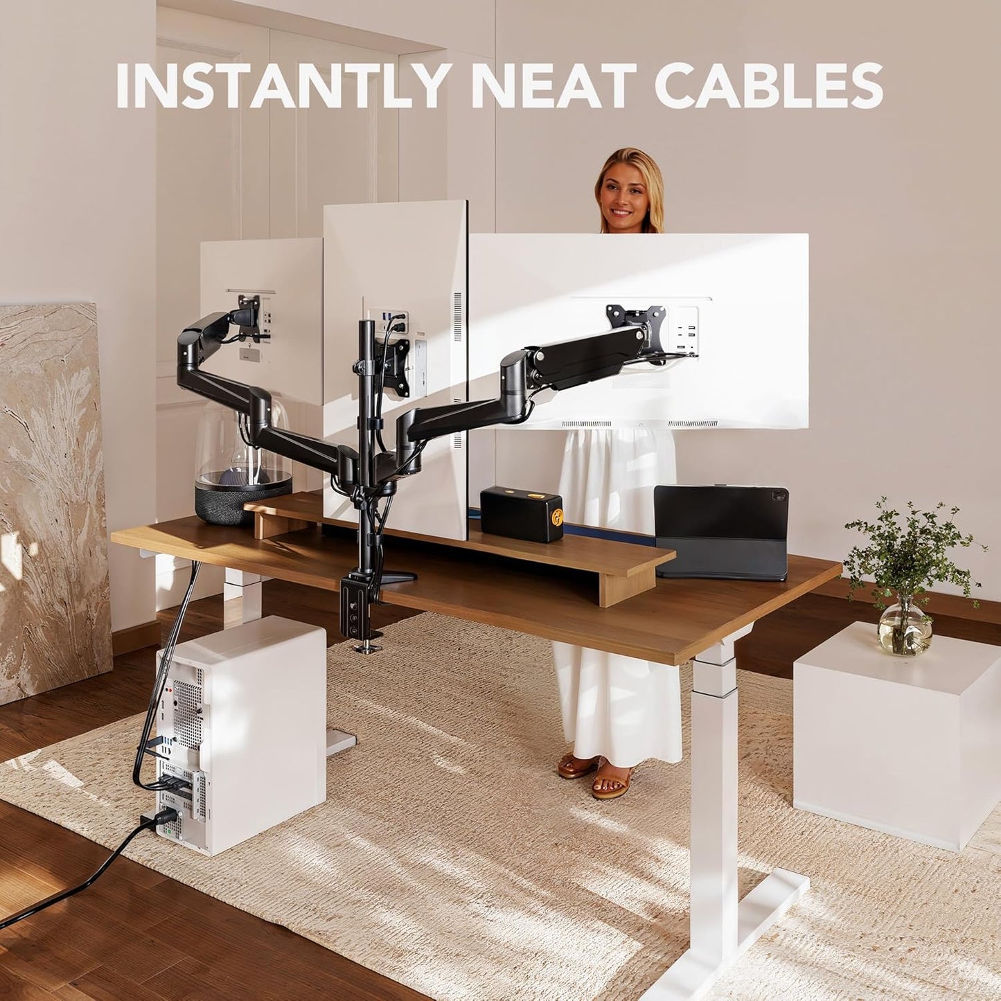 (New Open Box) HUANUO Triple Monitor Stand - Height Adjustable Gaming Monitor Mount Arm, Fits 3 Computer Screens 17 to 32 inch with Clamp/Grommet Mounting Base, Each Arm Holds up to 17.6 lbs, Black