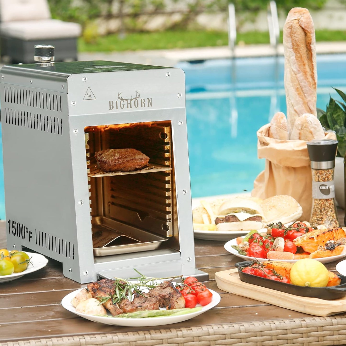(New Open Box) BIG HORN OUTDOORS Portable Infrared Broiler Propane Gas Grill, 1500 Degree Stainless Steel Tabletop