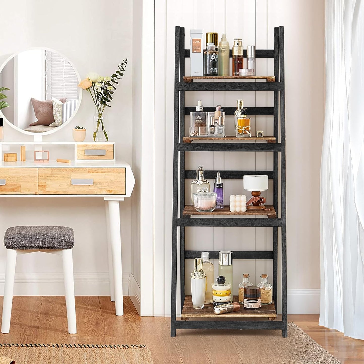 (New Open Box) Ladder Shelf, 4 Tier Ladder Shelves Rustic Solid Wood Ladder Shelf