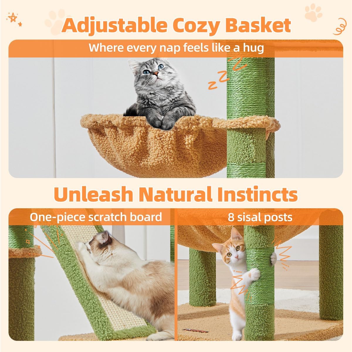 (New Open Box) Taoqimiao Cactus Cat Tree, [57.5Inch=146CM] Cat Tower for Indoor Cats, Multi-Level Large Cat Condo