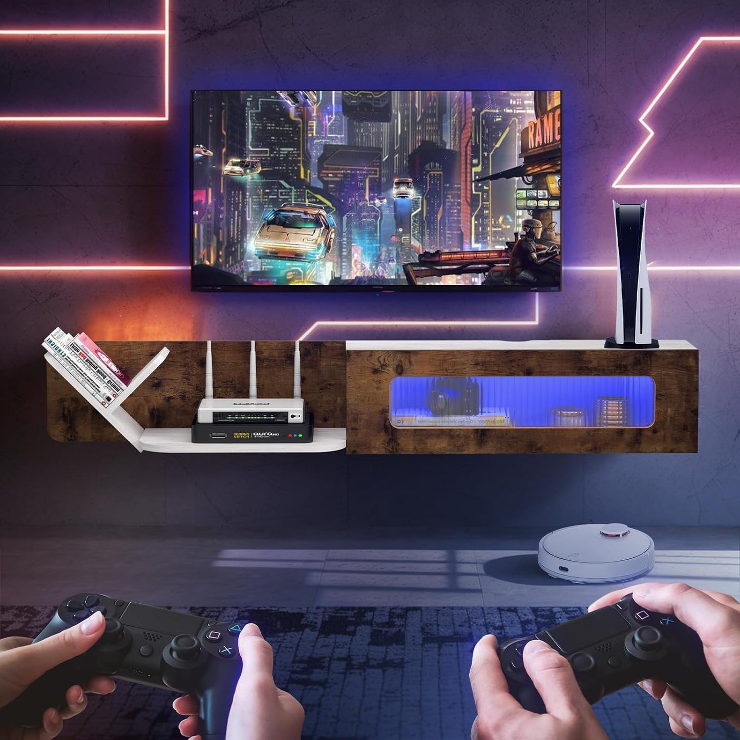 (New Open Box) Pmnianhua Rustic Floating TV Stand with LED Lights,59'' Wall Mounted TV Cosole,Under TV Shelf,Floating Entertainment Center with Glass Door and Storage for Projector,Bedroom Playroom