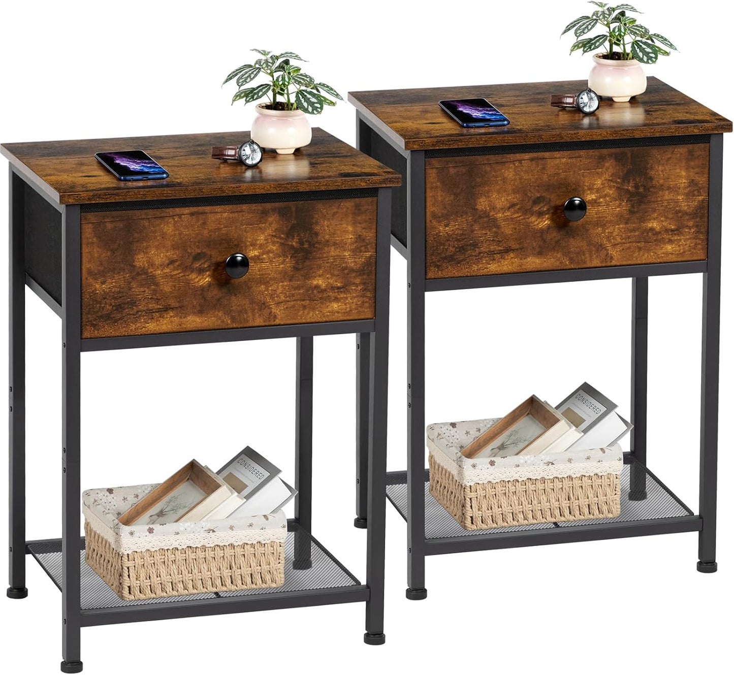 (New Open Box) AMHANCIBLE Night Stand Set 2, Bedside Table with Fabric Drawer, HET03SDP (DS0053)