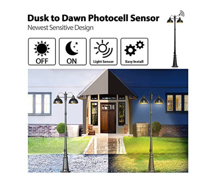 (New Open Box)  APOTO Double-Head Outdoor Lamp Post Light | Dusk to Dawn • GFCI Outlet • Black Aluminum