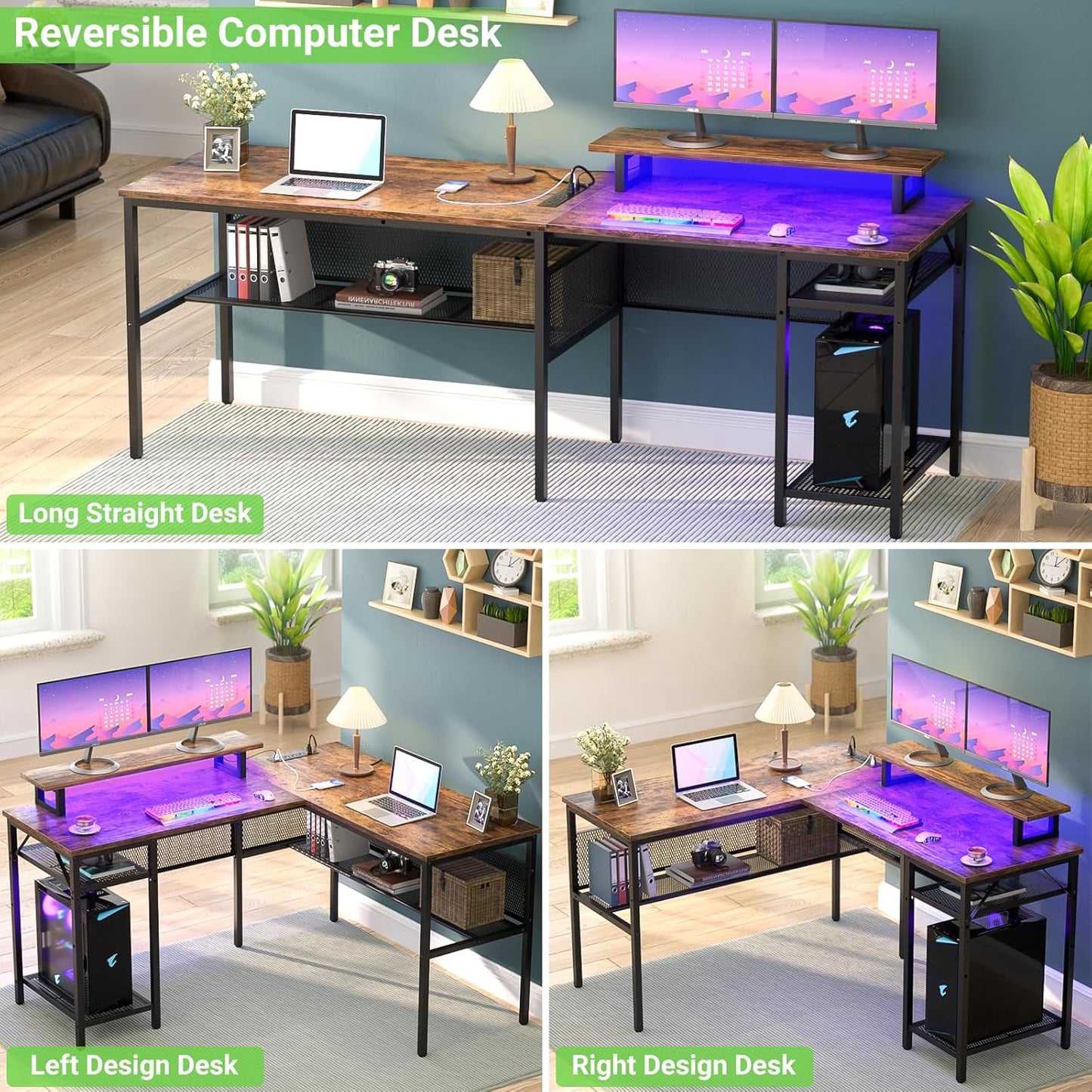 (New Open Box) Cyclysio L Shaped Gaming Desk with LED Lights, 55'' Computer Desk with Power Outlet, Reversible Corner Desk with Open Storage Shelves, Office Desk with Monitor Stand, Home Office, Workstation, Rustic