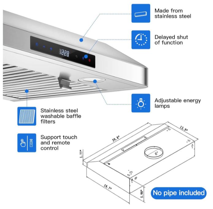 (New Open Box) AMZCHEF 30" Under Cabinet 430 Steel 700CFM Hood with Smart Touch/Remote, 3-Speed, Timer, LED Lighting & Dishwasher Filters