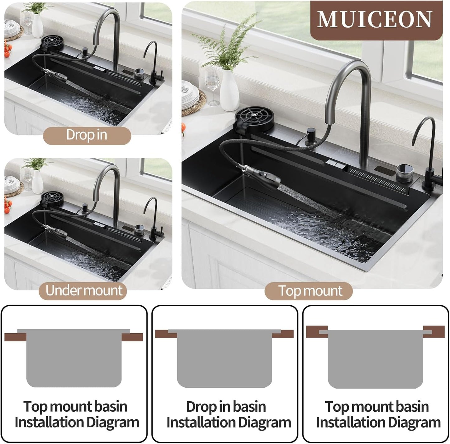 (New Open Box) Muiceon Black-Grey Nano Kitchen Sink with Waterfall 33x19x9 Inch