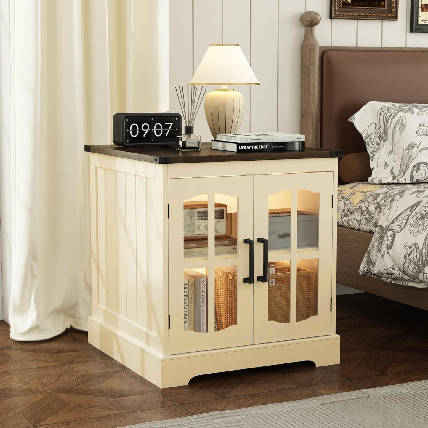 (New Open Box) ChooChoo Farmhouse End Table, 24" Large Sofa Side Table with Charging Station & LED Light, Nightstand with Adjustable Storage Shelf, Square Bedside Table for Living Room Beige (Cream Mix with White)