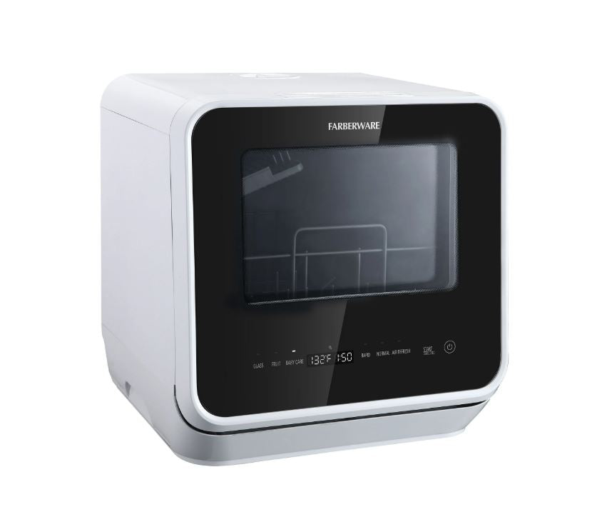 (New Open Box) Farberware Portable Dishwasher with Built-In Water Tank with Baby Care and Fruit Wash Settings in White w/ 6-Place Setting Capacity, FDW05ASBWHA