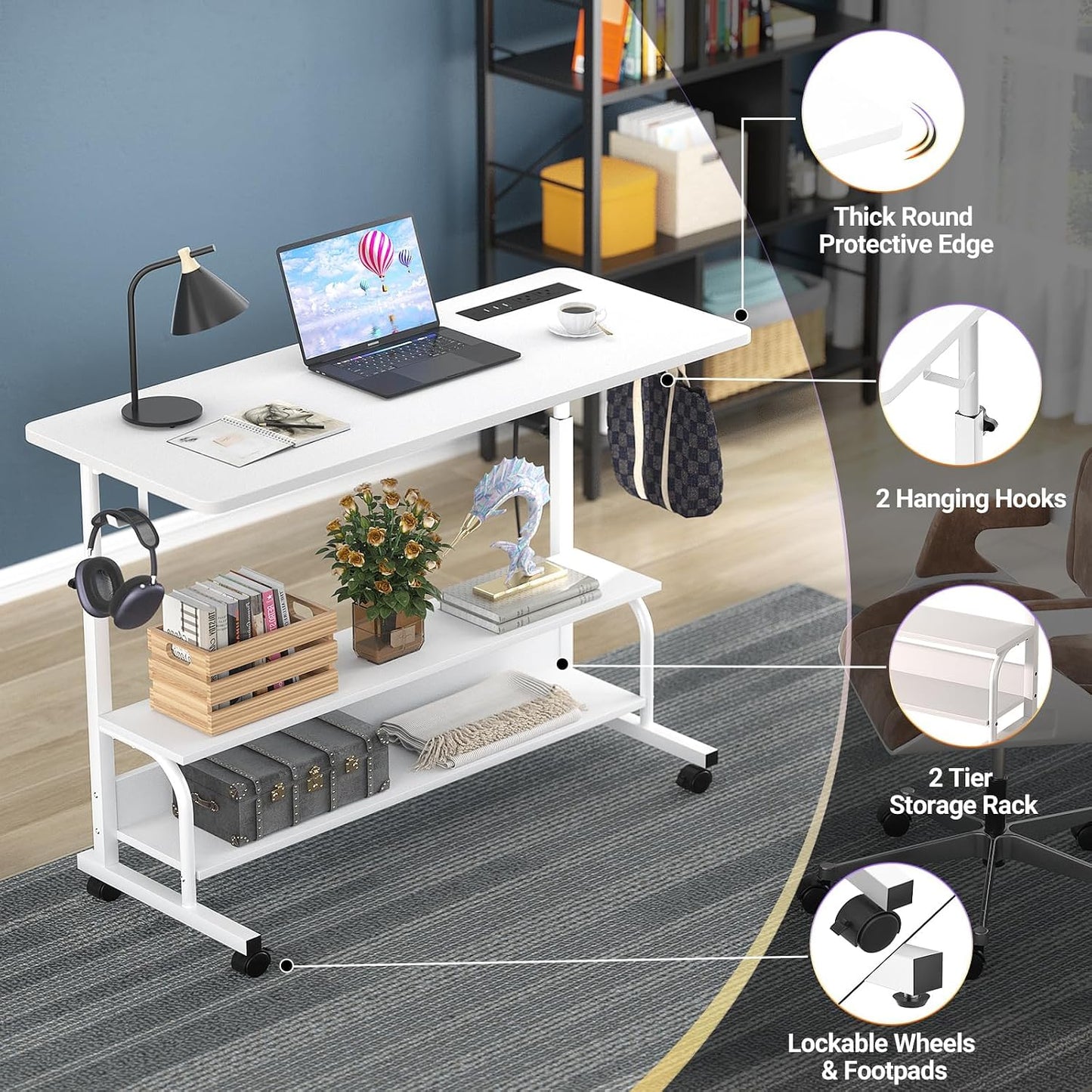 (New Open Box)   Cyclysio 39" Adjustable Height Standing Desk | White • Charging Station • Rolling Mobile Desk • Storage