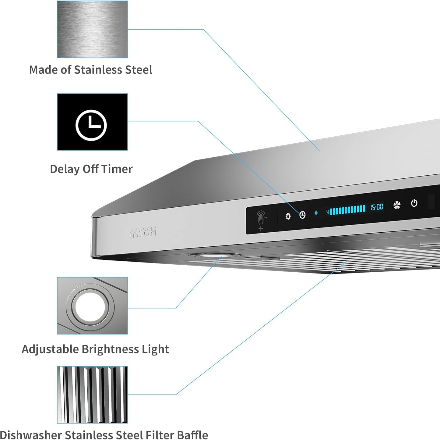 (New Open Box) IKTCH 30 Inch Under Cabinet Range Hood with 900-CFM, 4 Speed Gesture (IKC01-30)
