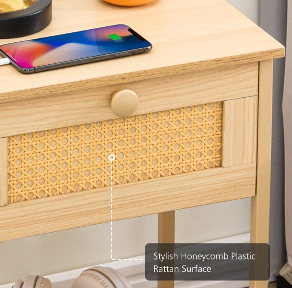 (New Open Box) 🌿🛏️ AMHANCIBLE Rattan Nightstand with Charging Station | HETRDP01BG🔌⚡