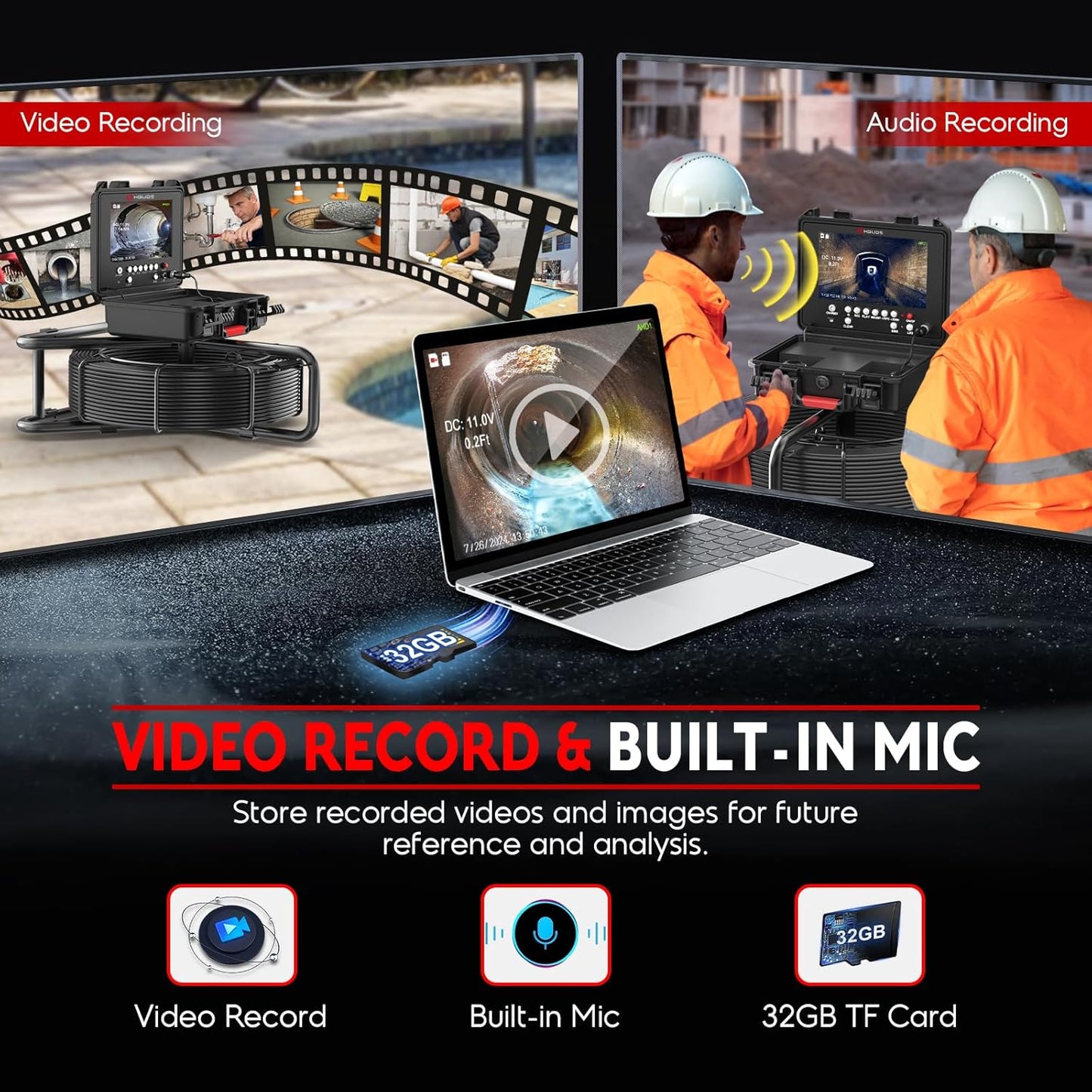 (New Open Box) Hbuds Sewer Camera with Locator – 200ft | Self-Leveling | 1080P HD | 9" Screen |