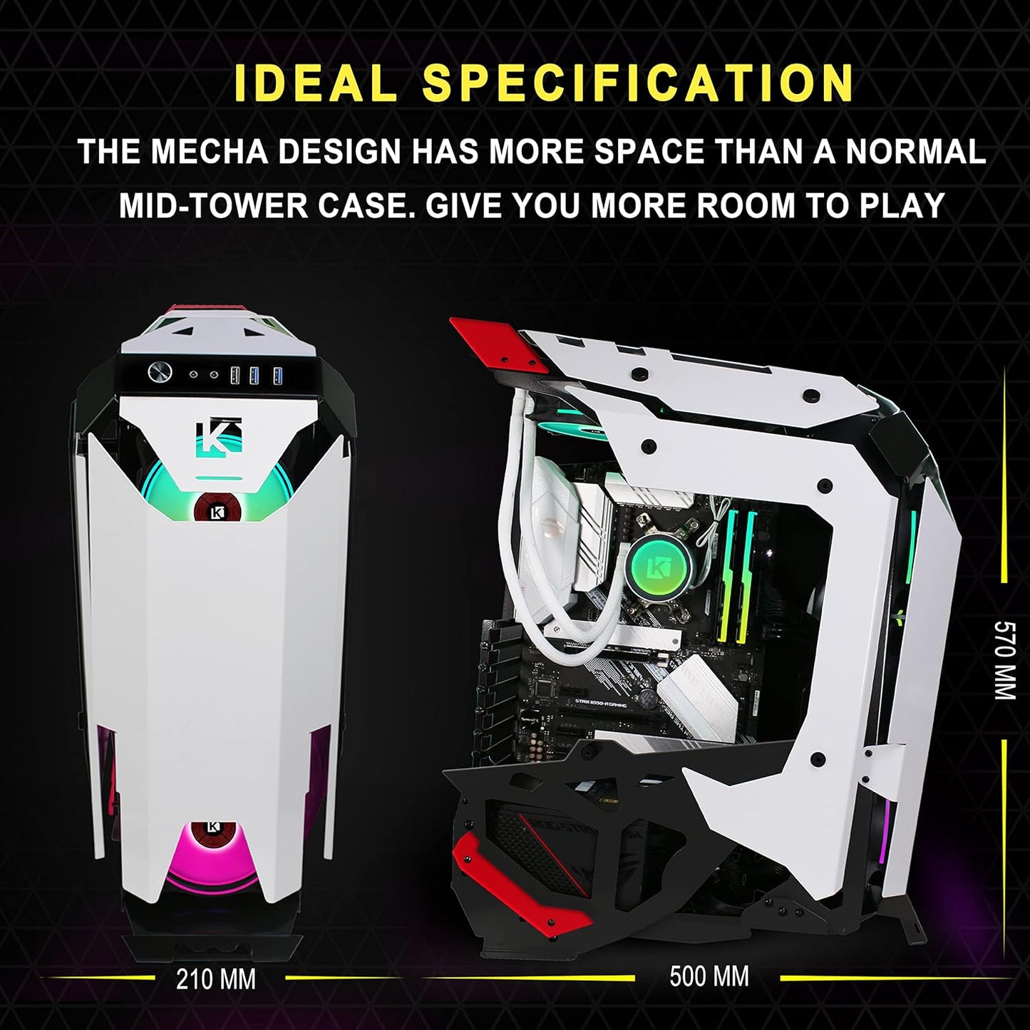 (New Open Box) KEDIERS C650 PC Case - ATX Tower Gaming Computer Case with Tempered Glass,White