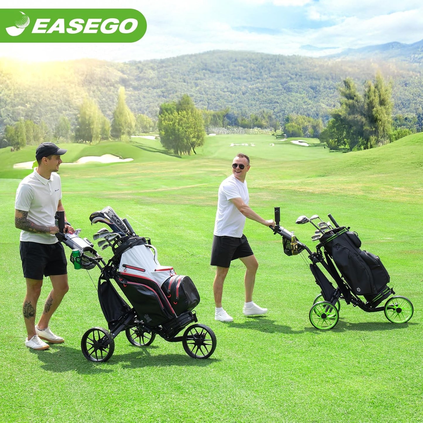 (New Open Box) EASEGO Golf Push Cart 3 Wheel : Golf Caddy Pull Cart, One Click Folding Golf Bag Cart Lightweight