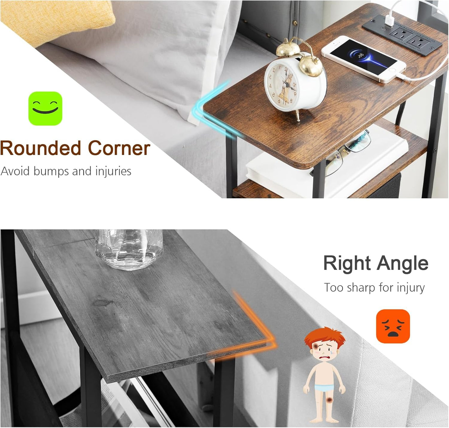 (New Open Box) LOAKEKEL Narrow Side Table with Charging Station, LED Light, Skinny Nightstand with Fabric Drawer, Slim Sofa Table for Bedroom, Small Spaces, Couch, Brown, TETNDP02LBR-1