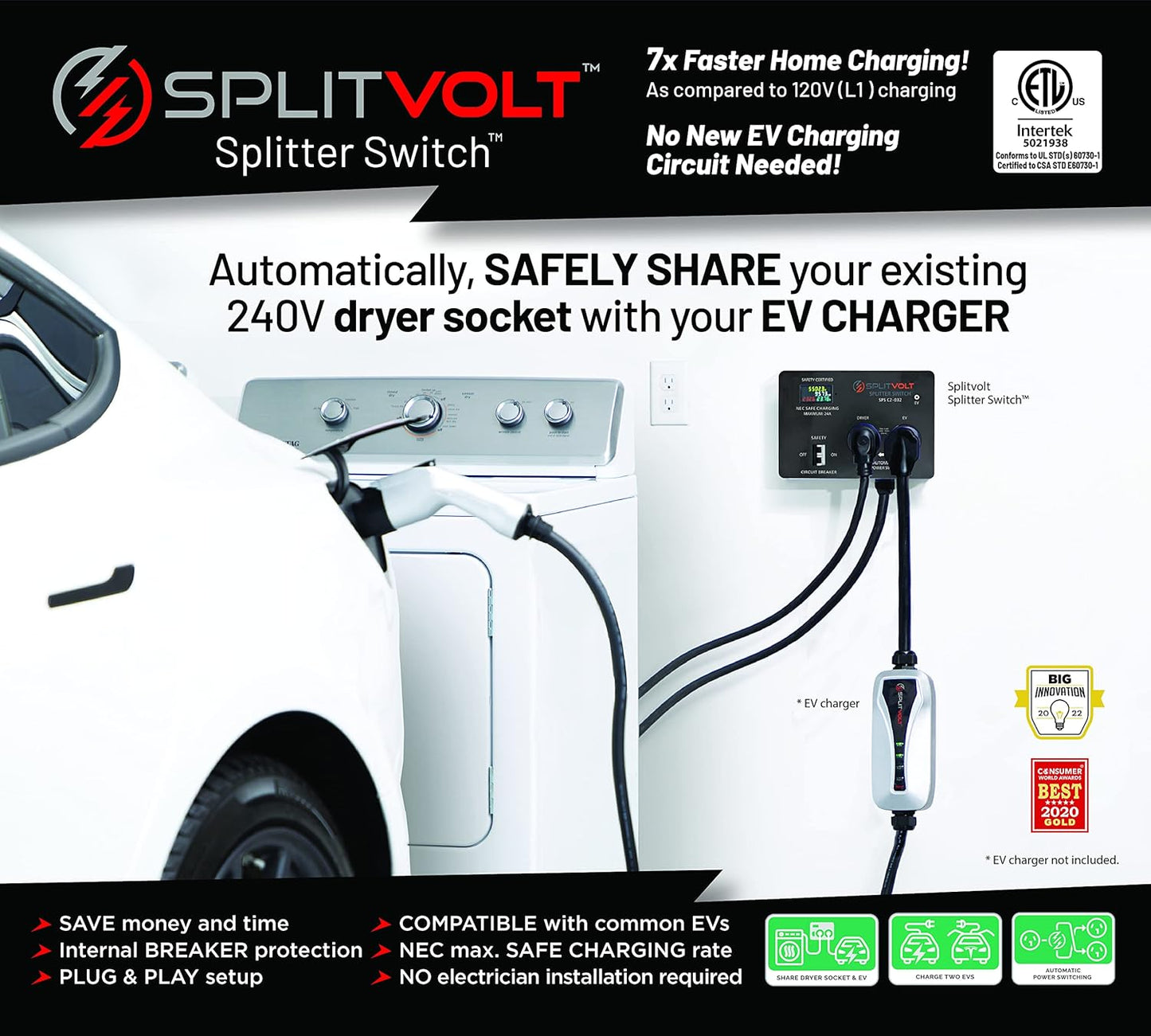 (New Open Box) Splitvolt NEMA 14-30 240V 24A Splitter Switch | Dryer Outlet Splitter • Auto Power Switching
