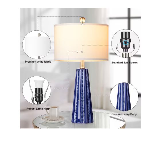 (Brand New) 23-in Blue Ceramic Table Lamp Set of 2 | Linen Shade • Modern Style | TD-273