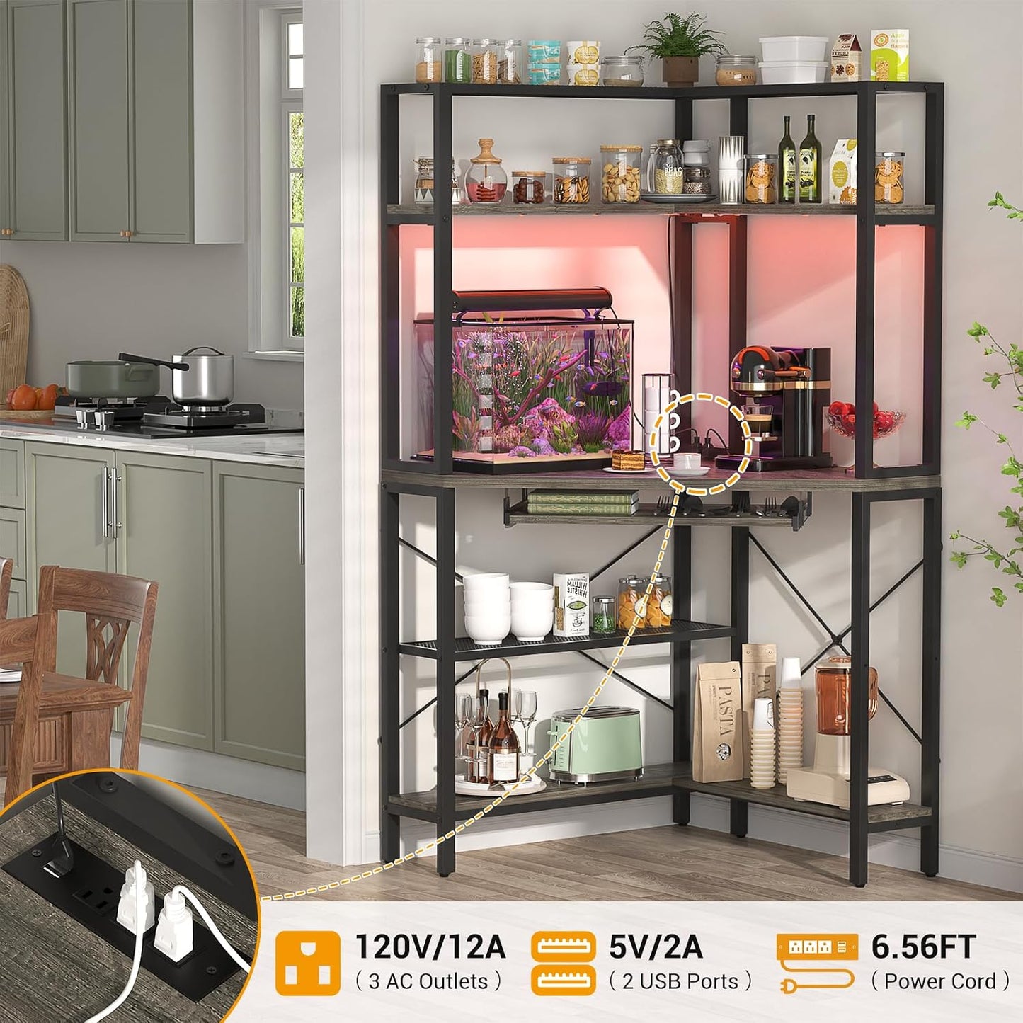 (New Open Box) Cyclysio Small Corner Desk with Hutch, Corner Gaming Desk with LED Light & Power Outlets, Computer Desk with Keyboard Tray, Triangel Desk for Small Space, Home Office, Workstation, Grey