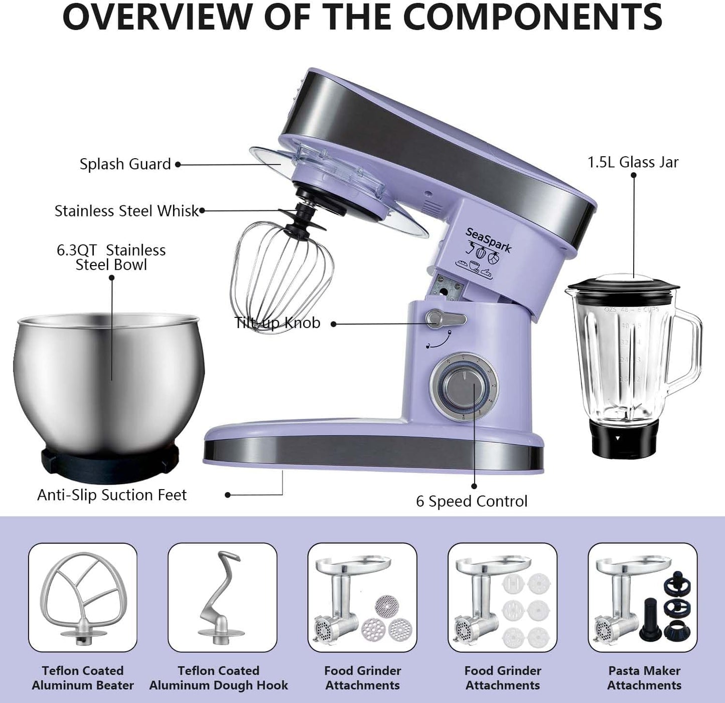 SeaSpark SC-213C Multifunctional Stand Mixer 6.3Qt 6-Speed Tilt-head, Electric Kitchen Mixer with Stainless Steel Bowl,Meat Grinder, Juice Blender