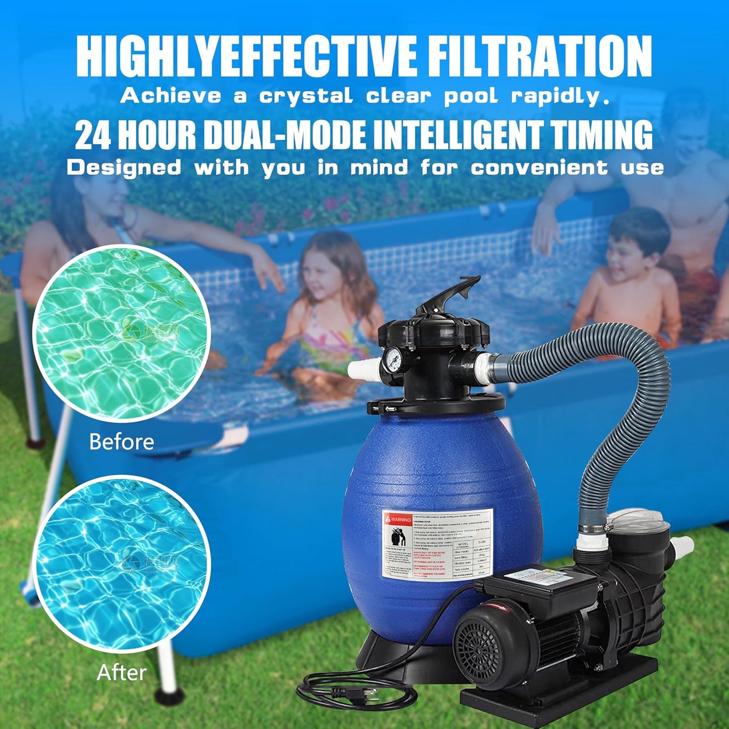 (Excellent) Sand Filter Pump for Above Ground 14" 3000GPH,3/4HP,24 Hour Dual-Mode Intelligent Timing