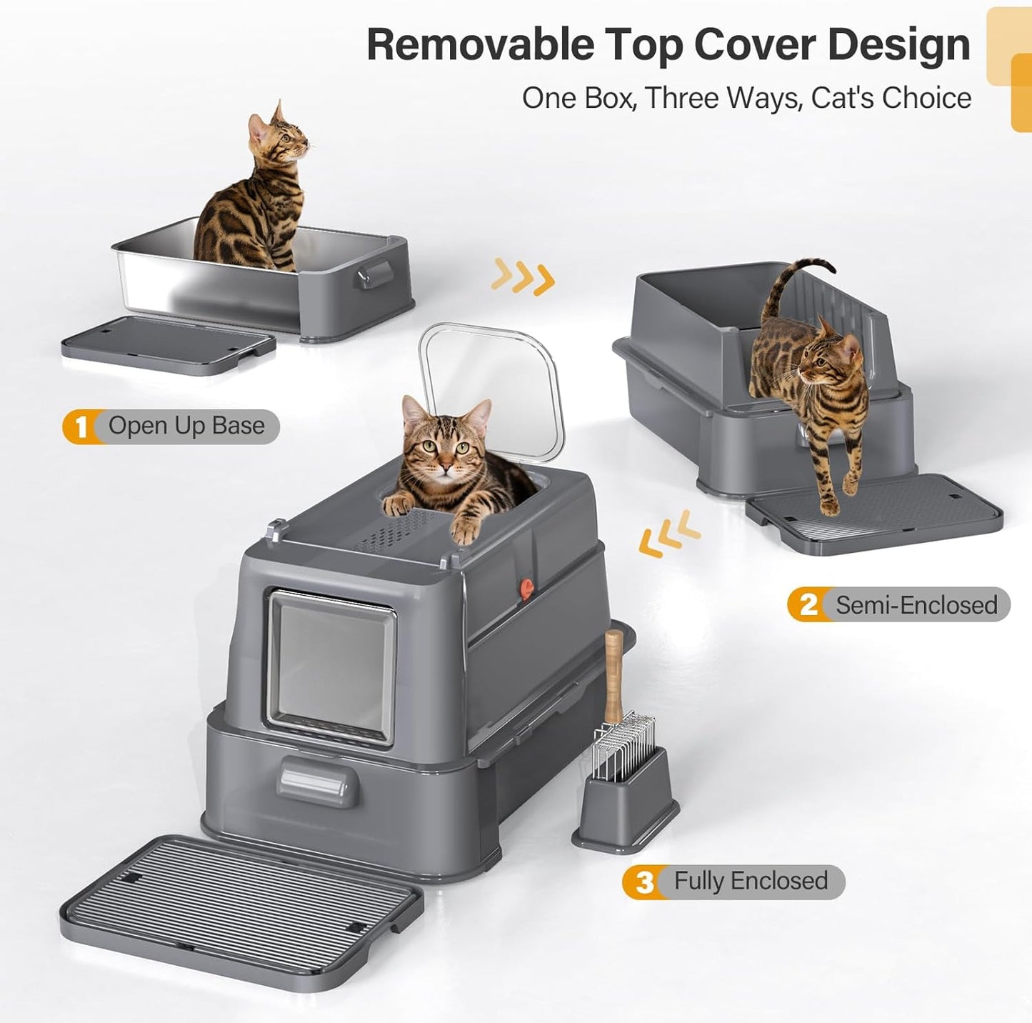 (New Open Box) Enclosed Stainless Steel Cat Litter Box with Lid，XL Large Metal Cat Box with Drawer for Big Cats,Top Exit Kitty Litter Box Includes Scoop, Filter Pedal,Odor Control, Easy Cleaning