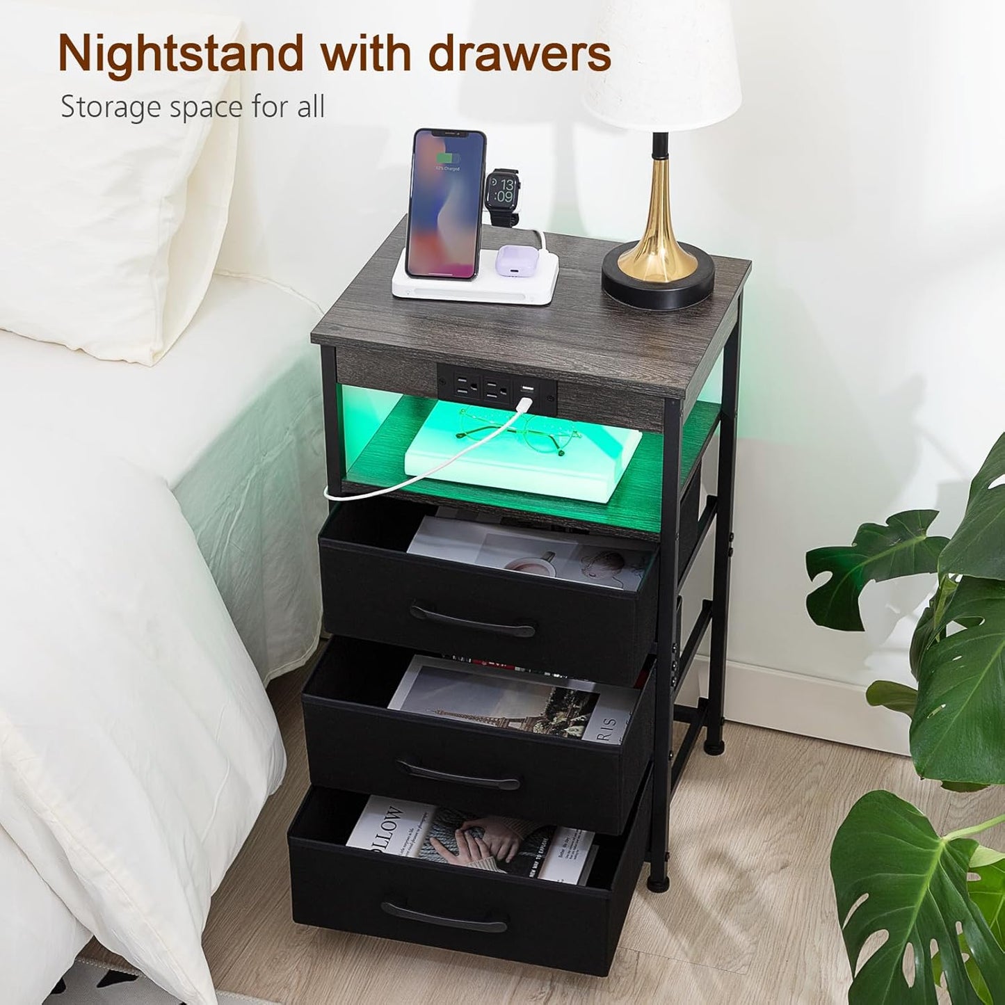 (New Open Box) LOAKEKEL End Table with 3 Drawers, Side Table with Storage Shelf, with USB Ports (HNS123DG-1)