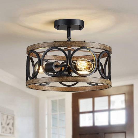 (new open box) Gatlap Farmhouse Ceiling Light Fixture Modern Semi Flush Mount Ceiling 3-Light, 13” Black Drum Round Lamp for Dining Room Bedroom Wood Grain Finish