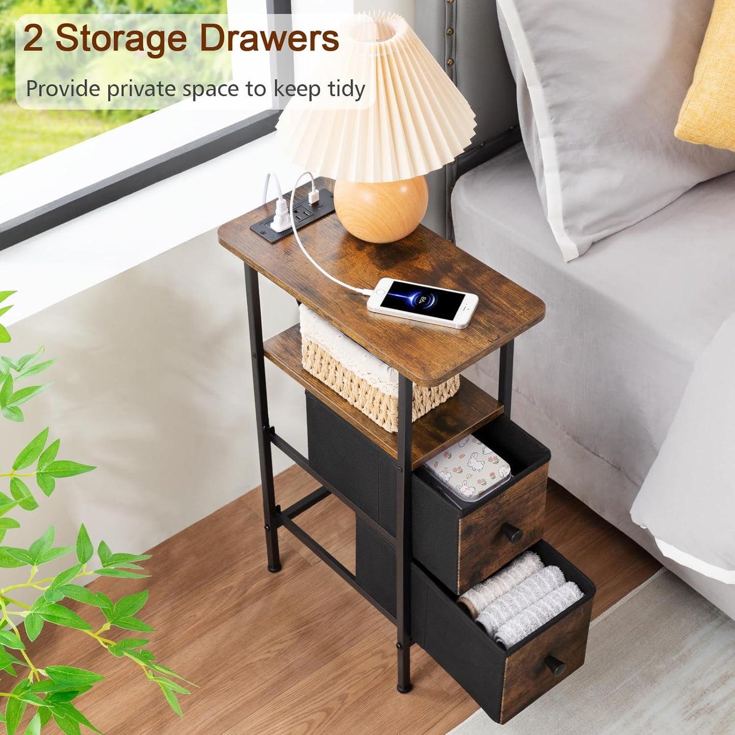 (New Open Box) Narrow End Table Living Room with Charging Station, Side Table with fabric drawer (DS0037)