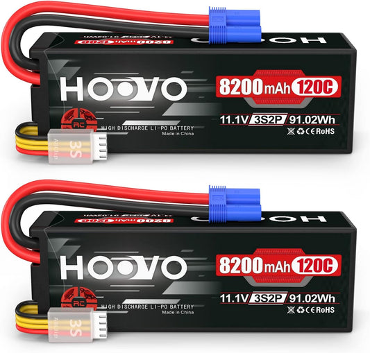 (Open Box) HOOVO 3S Lipo Battery, 11.1V 8200mAh 120C RC Battery, Hard Case with EC5 Plug Compatible with RC Car Boat Truck Truggy Buggy Racing Models, 2 Pack