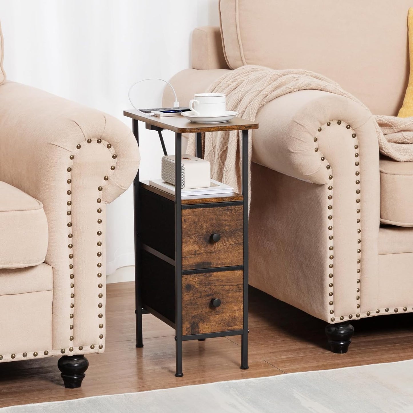 (New Open Box) Narrow End Table Living Room with Charging Station, Side Table with fabric drawer (DS0037)