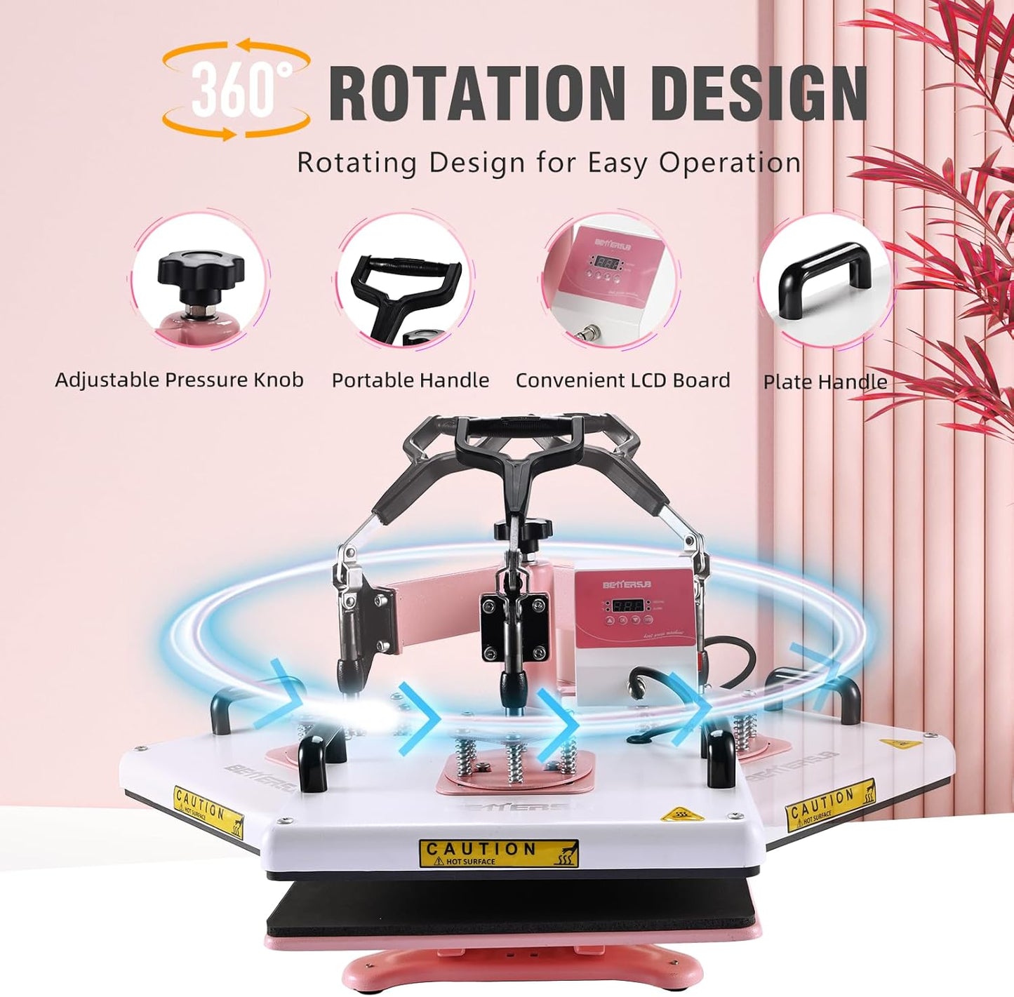 (New Open Box) BetterSub 360 Degree Swivel Combo 5 in 1 12‘’ x15‘’ Heat Press Machine for T-Shirt  (12"x15"pink)