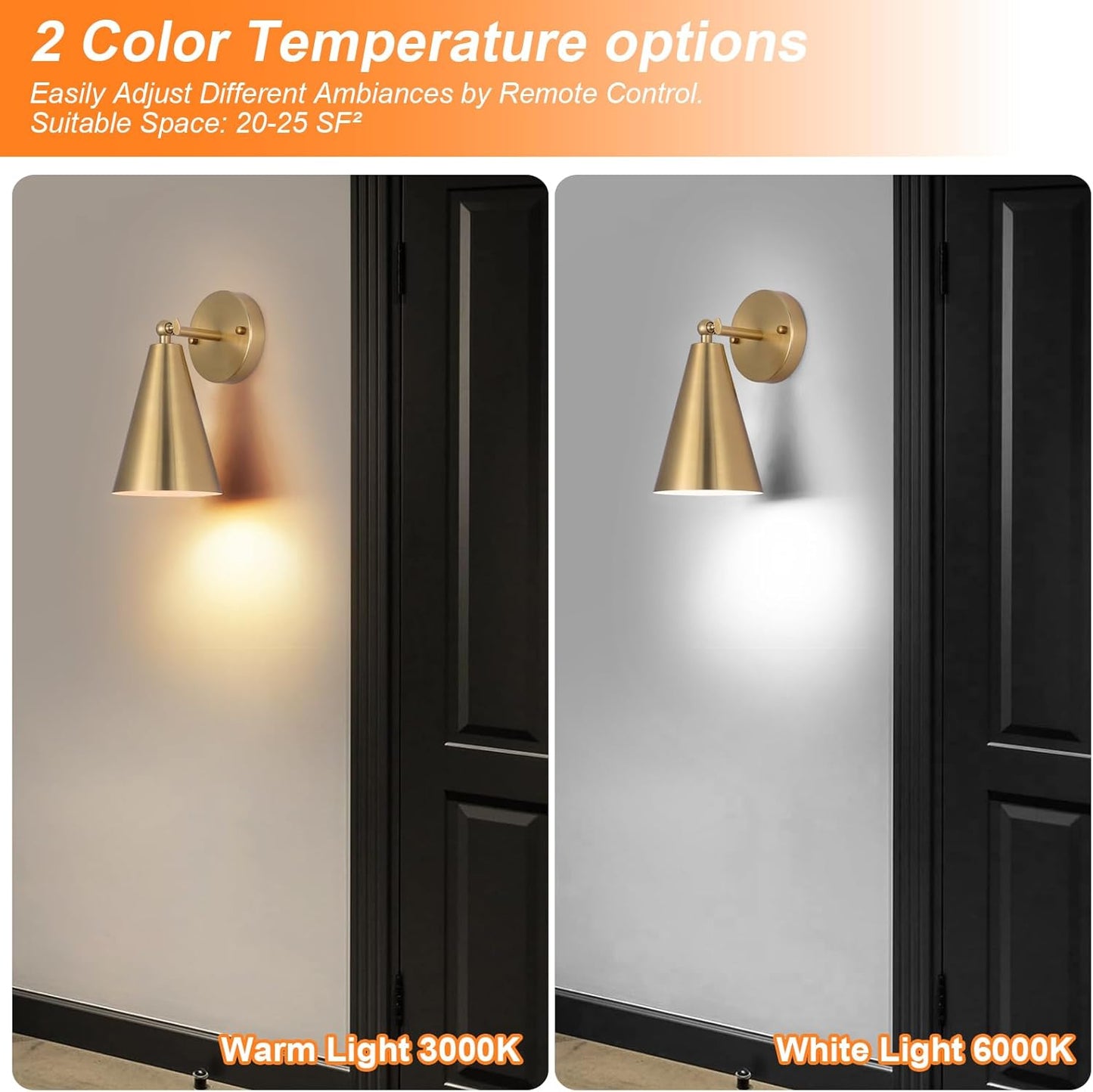 (New Open Box) MWZ Gold Wall Sconces Set of Two,Wireless Indoor Led Lighting with Remote Control, Modern Dimmable 2 Color Temperatures Adjustable Angle Wall