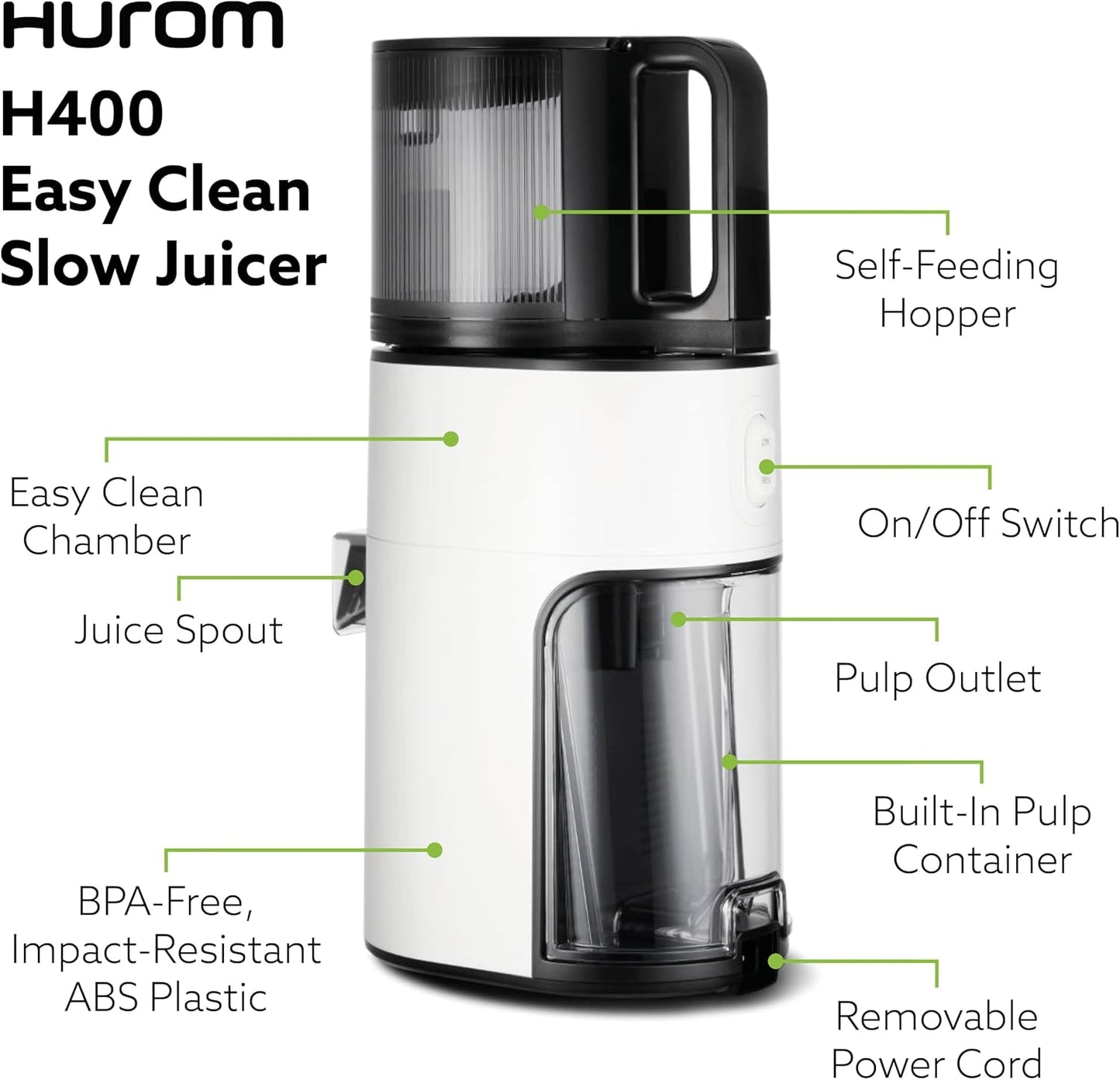 (New Open Box) Hurom H400 Cold Press Juicer Machine, Award Winning Masticating Slow Juicer, Easy to Clean, Strainer & Hands Free with Self Feeding, Wide Mouth Hopper, Easy Assembly (White)