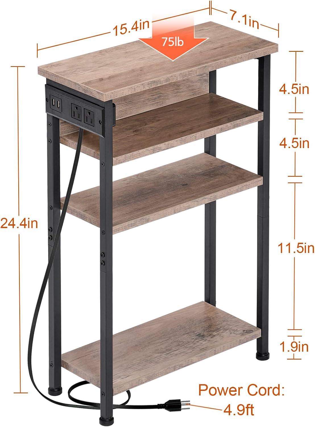 (New Open Box) AMHANCIBLE Narrow Side Table with Charging Station, Skinny End Tables-HETN04GY