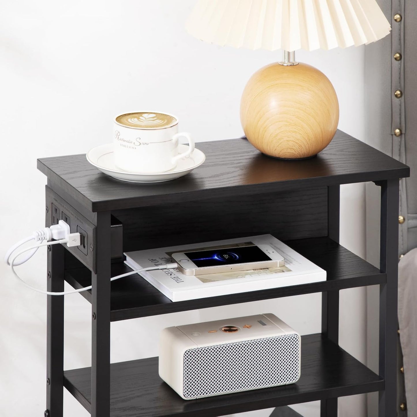 (New Open Box) Narrow Side Table with Charging Station, Set of 2, End Table for Small Spaces, HETN04BK (DS0036)
