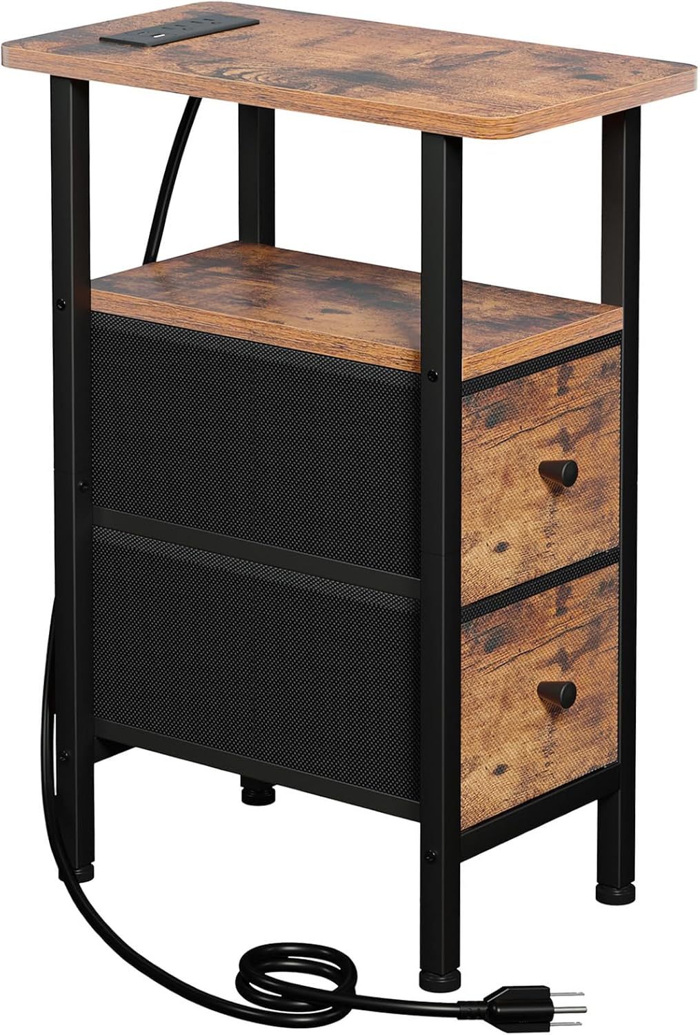 (New Open Box) Narrow End Table Living Room with Charging Station, Side Table with fabric drawer (DS0037)