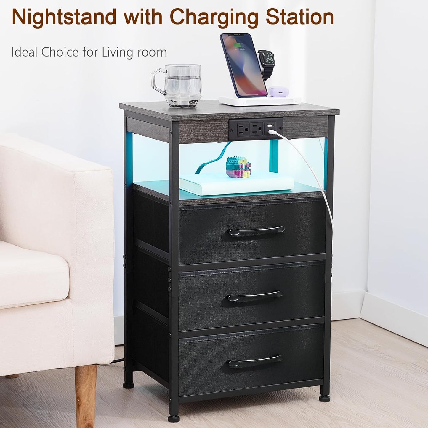 (New Open Box) LOAKEKEL End Table with 3 Drawers, Side Table with Storage Shelf, with USB Ports (HNS123DG-1)