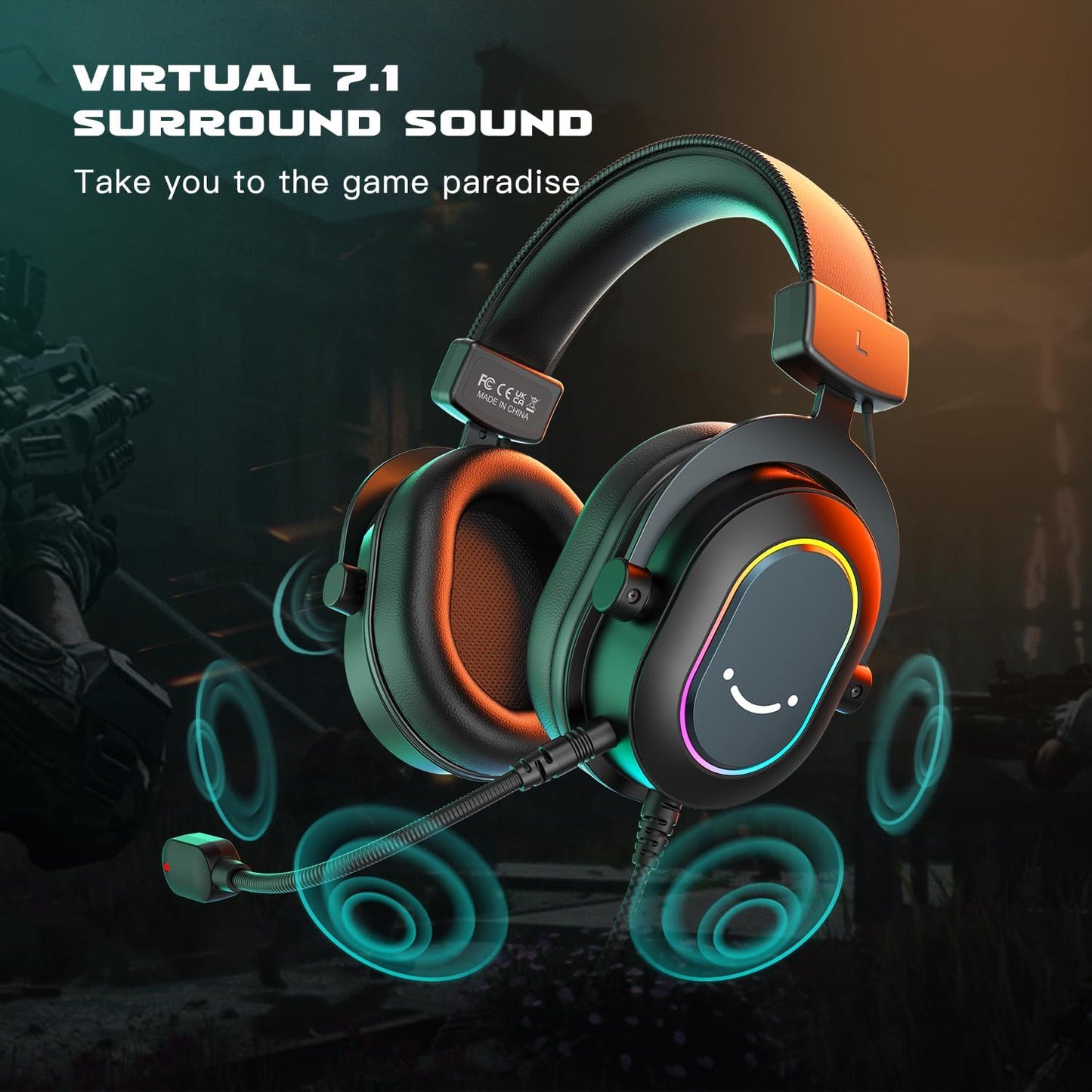 FIFINE Gaming Headset for PC-Wired Headphones with Microphone-7.1 Surround Sound Computer USB Headset for Laptop, Streaming Headphones on PS4/PS5, with EQ Mode, RGB, Soft Ear Pads - AmpliGame H6