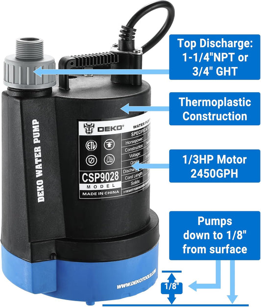 (open box) DEKOPRO Submersible Water Pump 1/3 HP 2450GPH Utility Pump Thermoplastic Electric Portable Pump