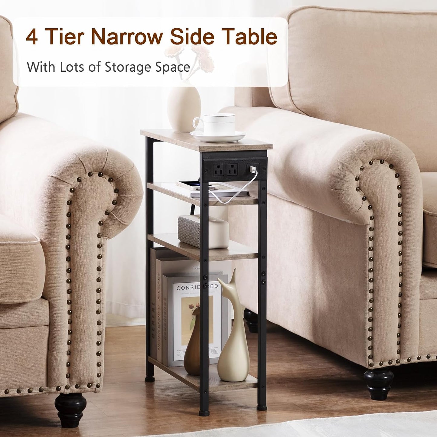 (New Open Box) AMHANCIBLE Narrow Side Table with Charging Station, Skinny End Tables-HETN04GY