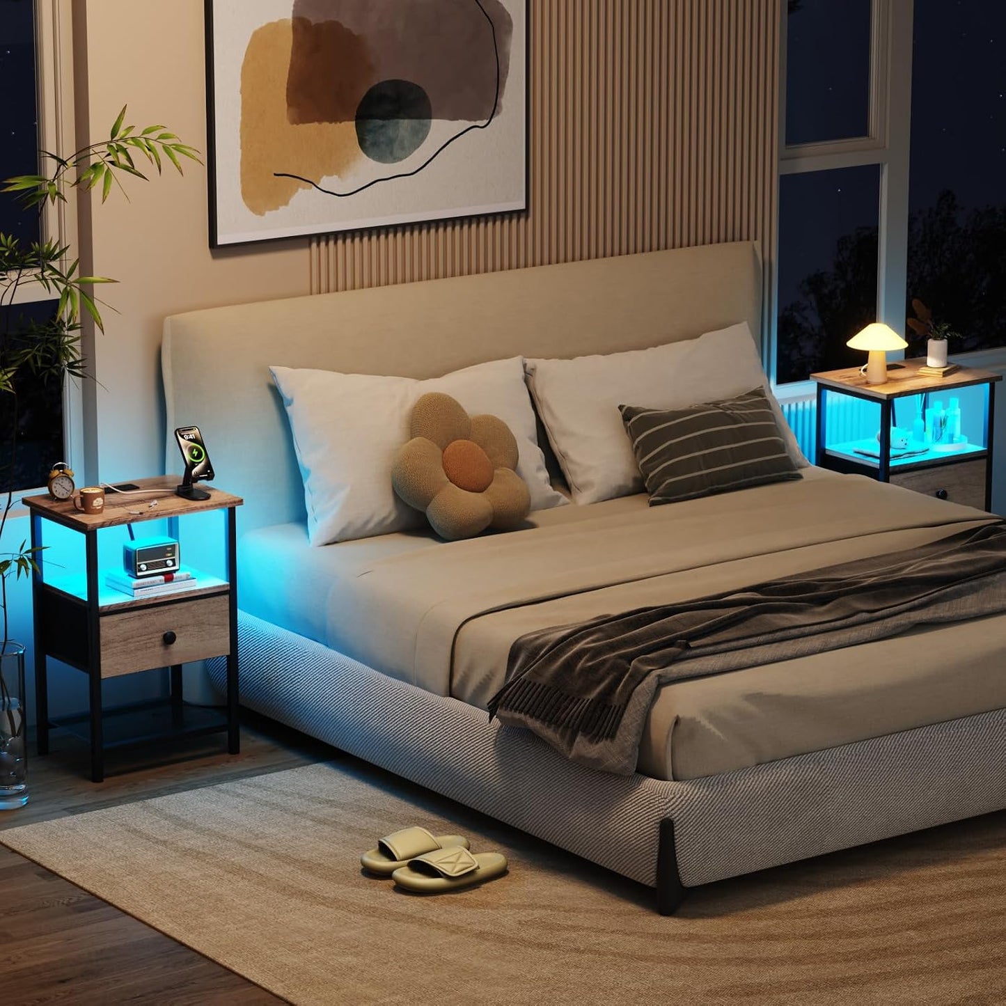 (New Open Box)  LOAKEKEL  Nightstand with Charging Station | LED Bedside Table with Fabric Drawer HETS01GY