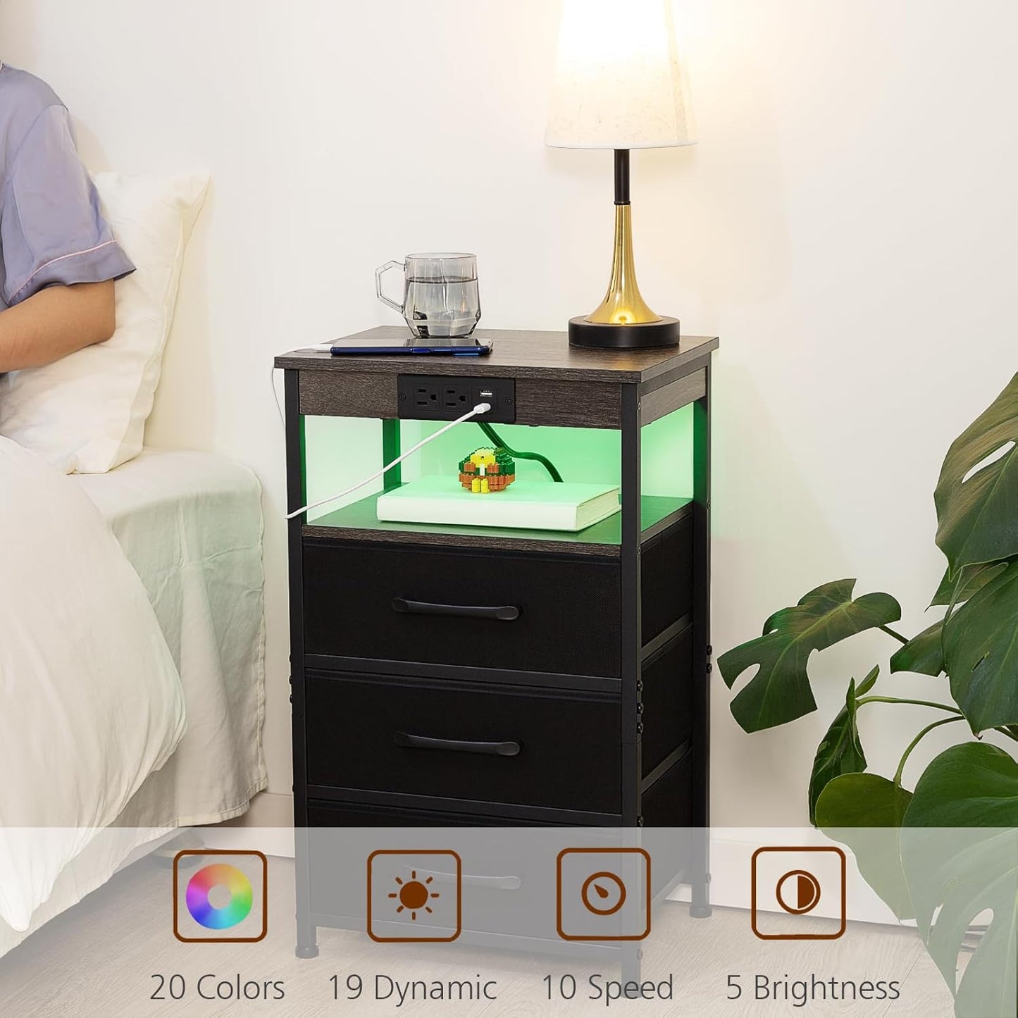 (New Open Box) LOAKEKEL End Table with 3 Drawers, Side Table with Storage Shelf, with USB Ports (HNS123DG-1)