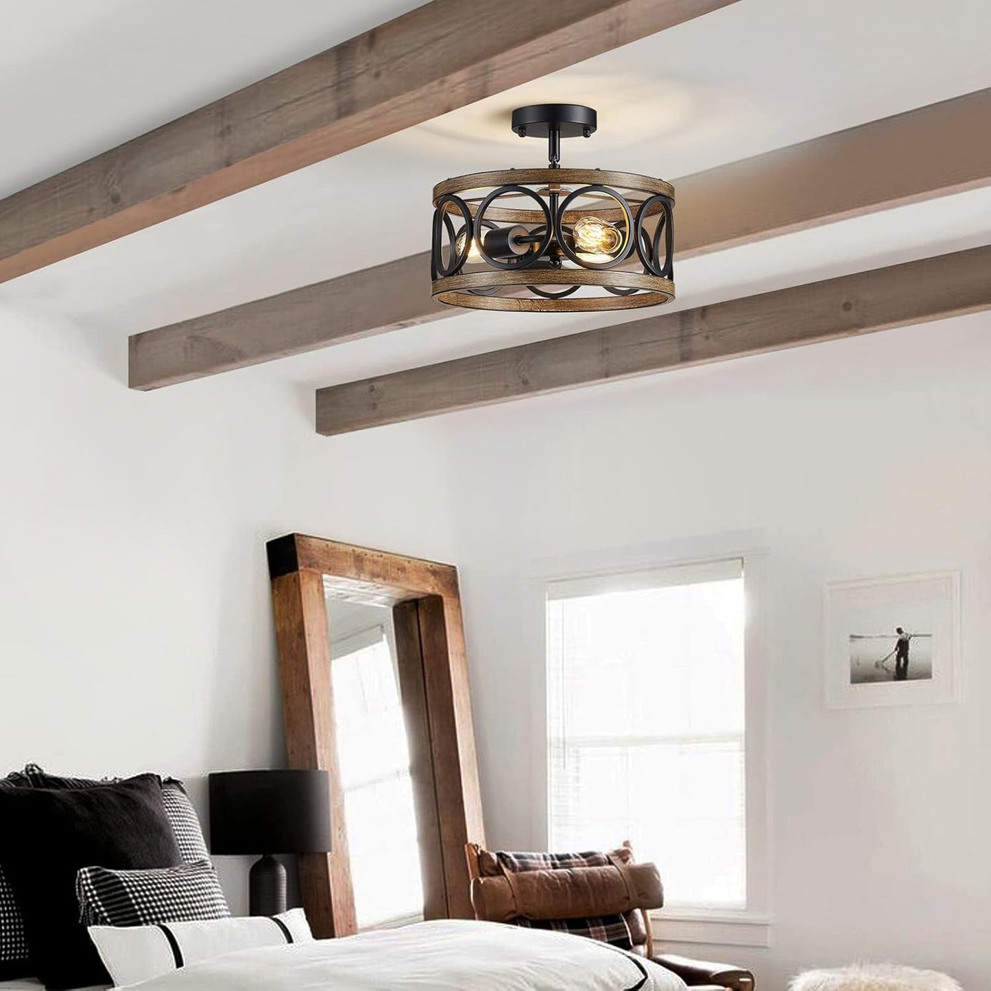 (new open box) Gatlap Farmhouse Ceiling Light Fixture Modern Semi Flush Mount Ceiling 3-Light, 13” Black Drum Round Lamp for Dining Room Bedroom Wood Grain Finish