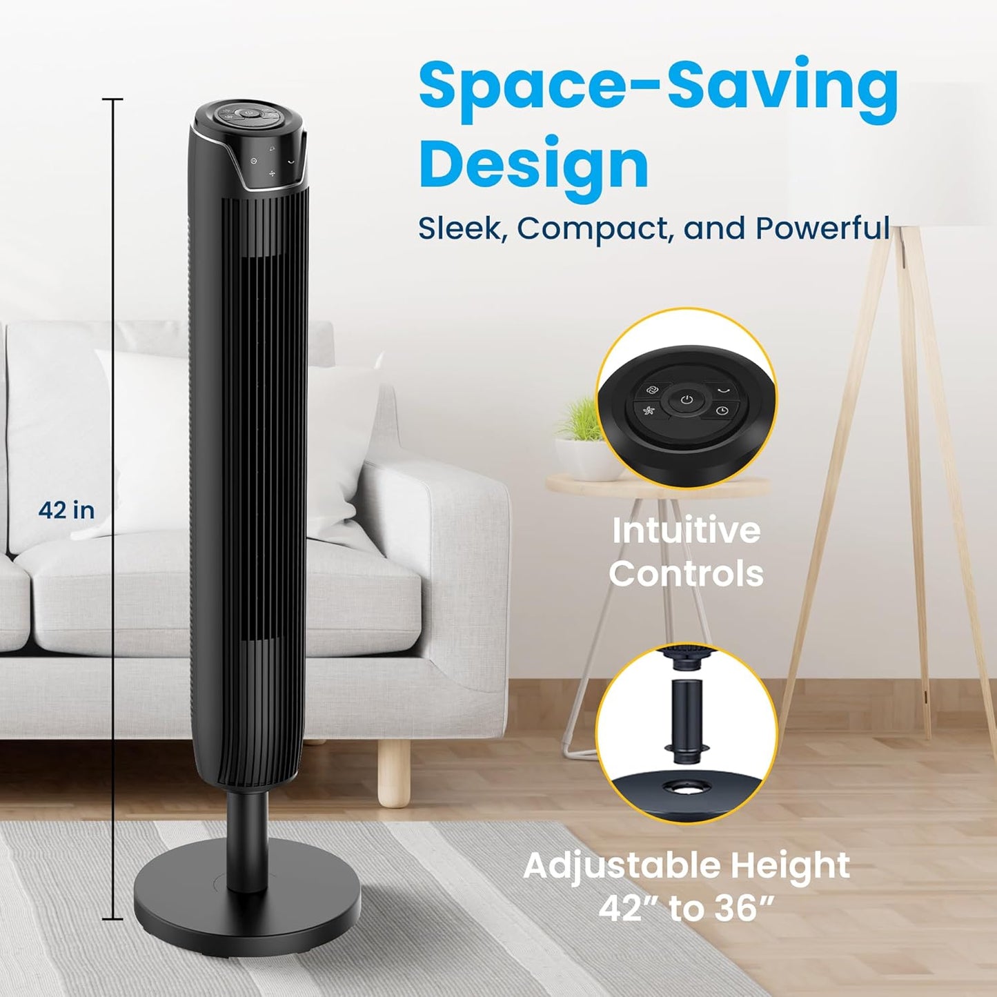 (New Open Box) Senville 42" Oscillating Tower Fan for Bedroom, Remote, Bladeless, Quiet, 3 Modes, 7-Hour Timer, LED Display, Black