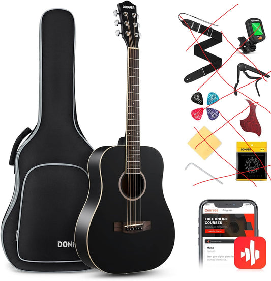 (New No Box) Donner Acoustic Guitar for Beginner Adult 36'' Dreadnought 3/4 Size Black Guitar_DAT 110D