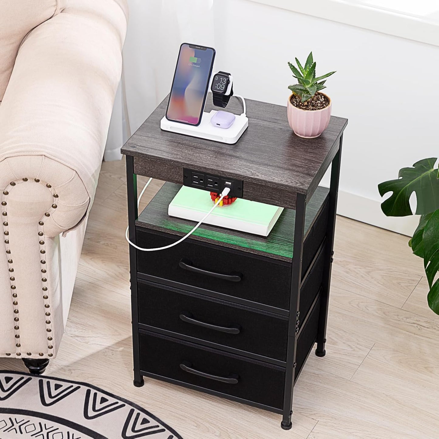 (New Open Box) LOAKEKEL End Table with 3 Drawers, Side Table with Storage Shelf, with USB Ports (HNS123DG-1)