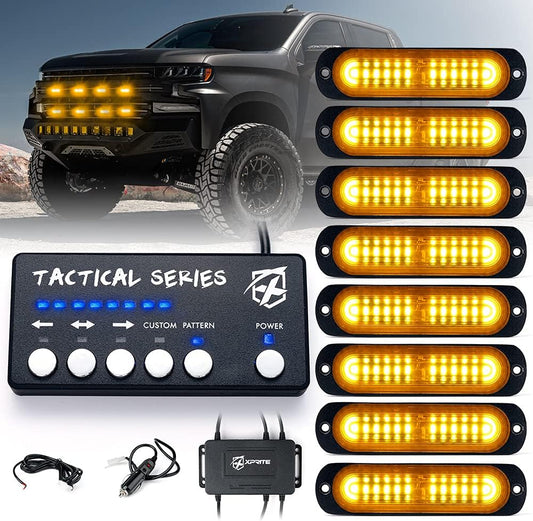 Xprite Amber 12 LED Surface Mount Strobe Lights Kit, Grill Grille Side Marker Light Flashing Emergency Warning Light Assemblies w/Control Box for Trucks Vehicles ATV RV Cars Van 8PCS