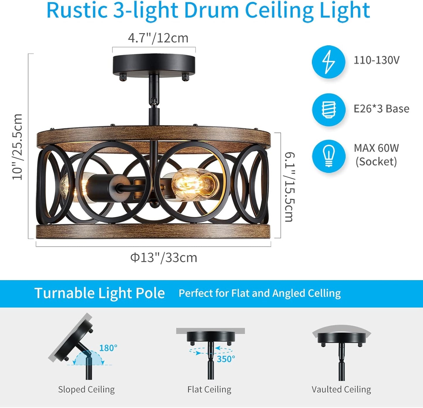 (new open box) Gatlap Farmhouse Ceiling Light Fixture Modern Semi Flush Mount Ceiling 3-Light, 13” Black Drum Round Lamp for Dining Room Bedroom Wood Grain Finish