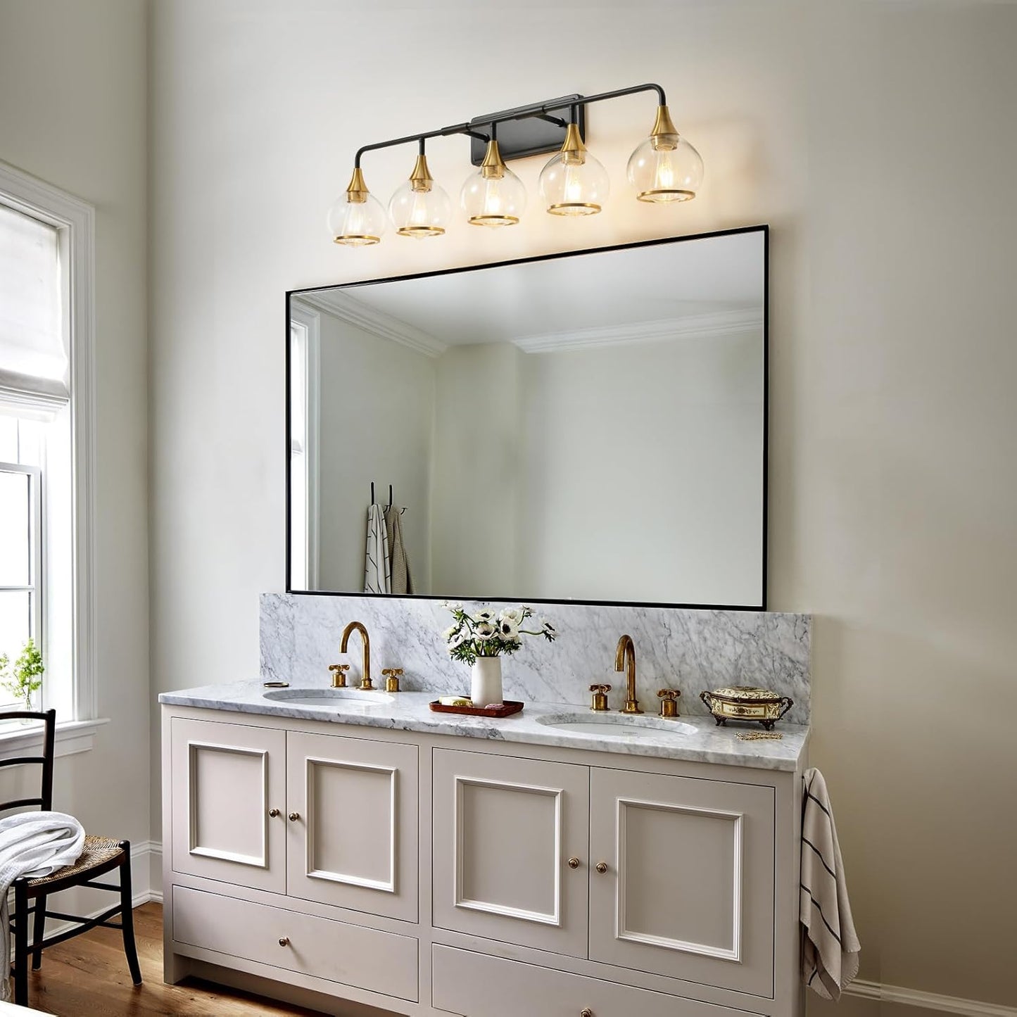 (New Open Box) HAHZT Black and Gold Bathroom Vanity Light 5-Lights Bathroom Light Fixtures Over Mirror