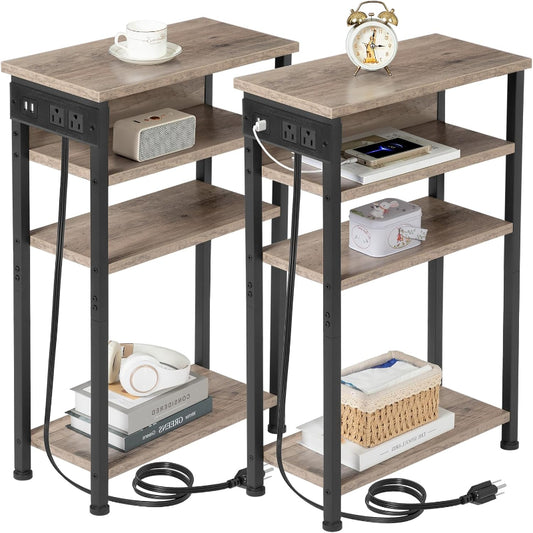 (New Open Box) AMHANCIBLE Narrow Side Table with Charging Station, Skinny End Tables-HETN04GY